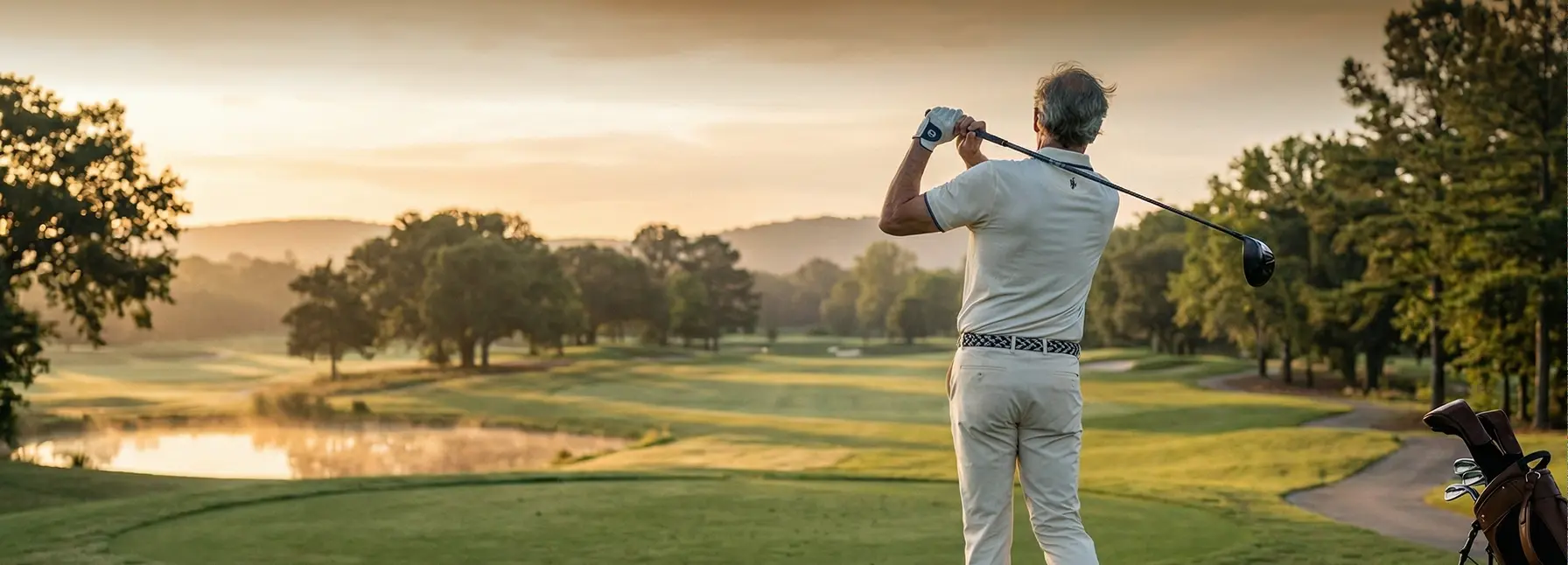 Man in casual clothing swinging a golf club on a scenic golf course at sunset. Human image in this ad was created using AI.