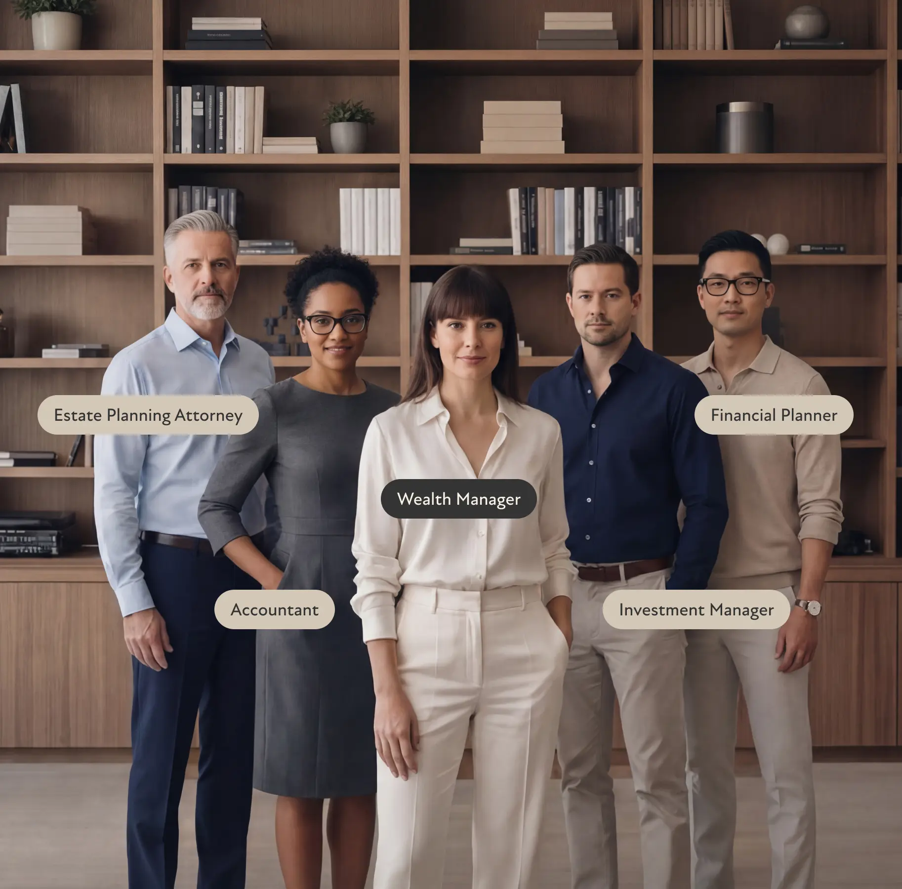 Five diverse financial professionals standing in front of wooden bookshelves, labeled as Estate Planning Attorney, CPA, Wealth Manager, Portfolio Manager and Financial Planner. Human images in this ad were created using AI.
