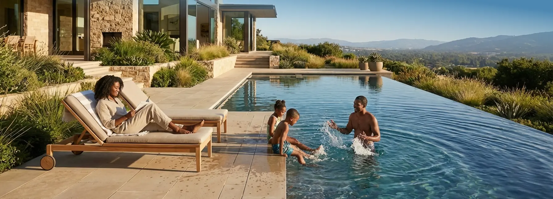 Family relaxing by an infinity pool at a modern luxury home overlooking hills. Human images in this ad were created using AI.