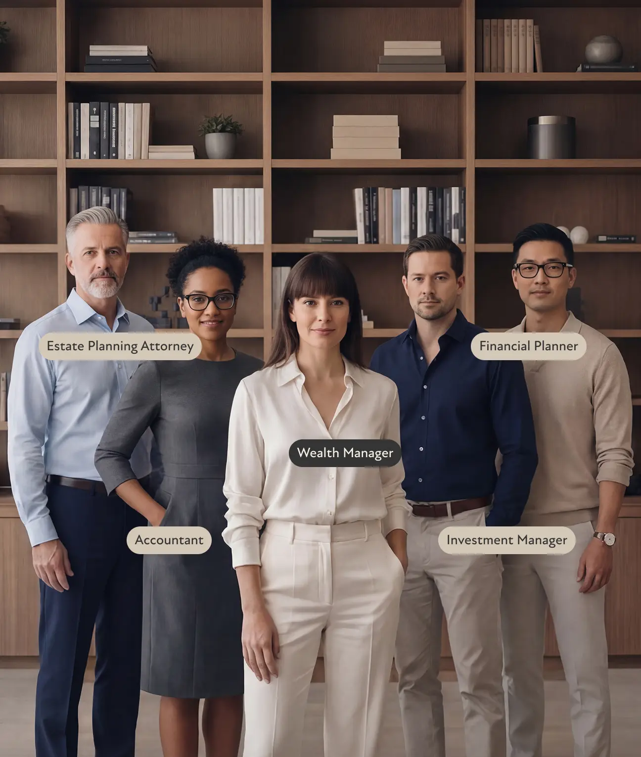 Five diverse financial professionals standing in front of wooden bookshelves, labeled as Estate Planning Attorney, CPA, Wealth Manager, Portfolio Manager and Financial Planner. Human images in this ad were created using AI.