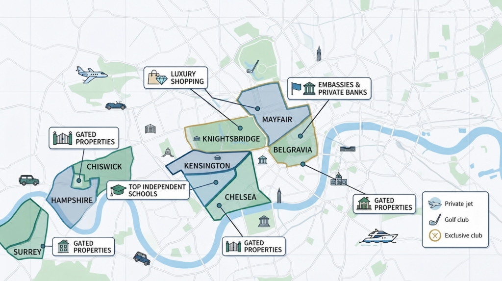 Illustrated map of Central London highlighting UHNW family neighborhoods, gated communities, luxury shopping, private banks and exclusive amenities for wealth management clients.