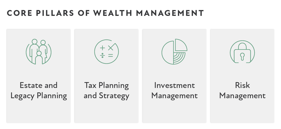 Core pillars of wealth management highlighting investment, tax, estate, risk and legacy planning for high-net-worth individual