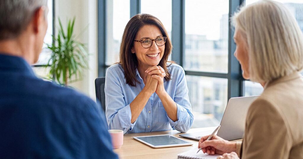 Financial advisor meeting with clients to discuss tax-efficient investments, asset location and strategies to reduce tax drag and improve long-term after-tax returns