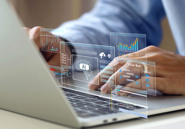 Person typing on a laptop with digital AI dashboards and chatbot interfaces projected above the keyboard, symbolizing artificial intelligence and data-driven financial technology.